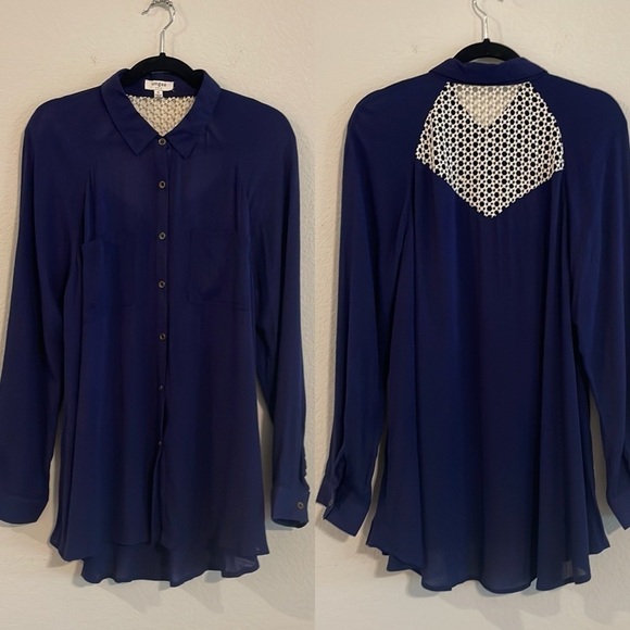 Umgee Tops - Umgee Women Button Front Shirt Medium Blue Lace Coastal Cowgirl Contemporary